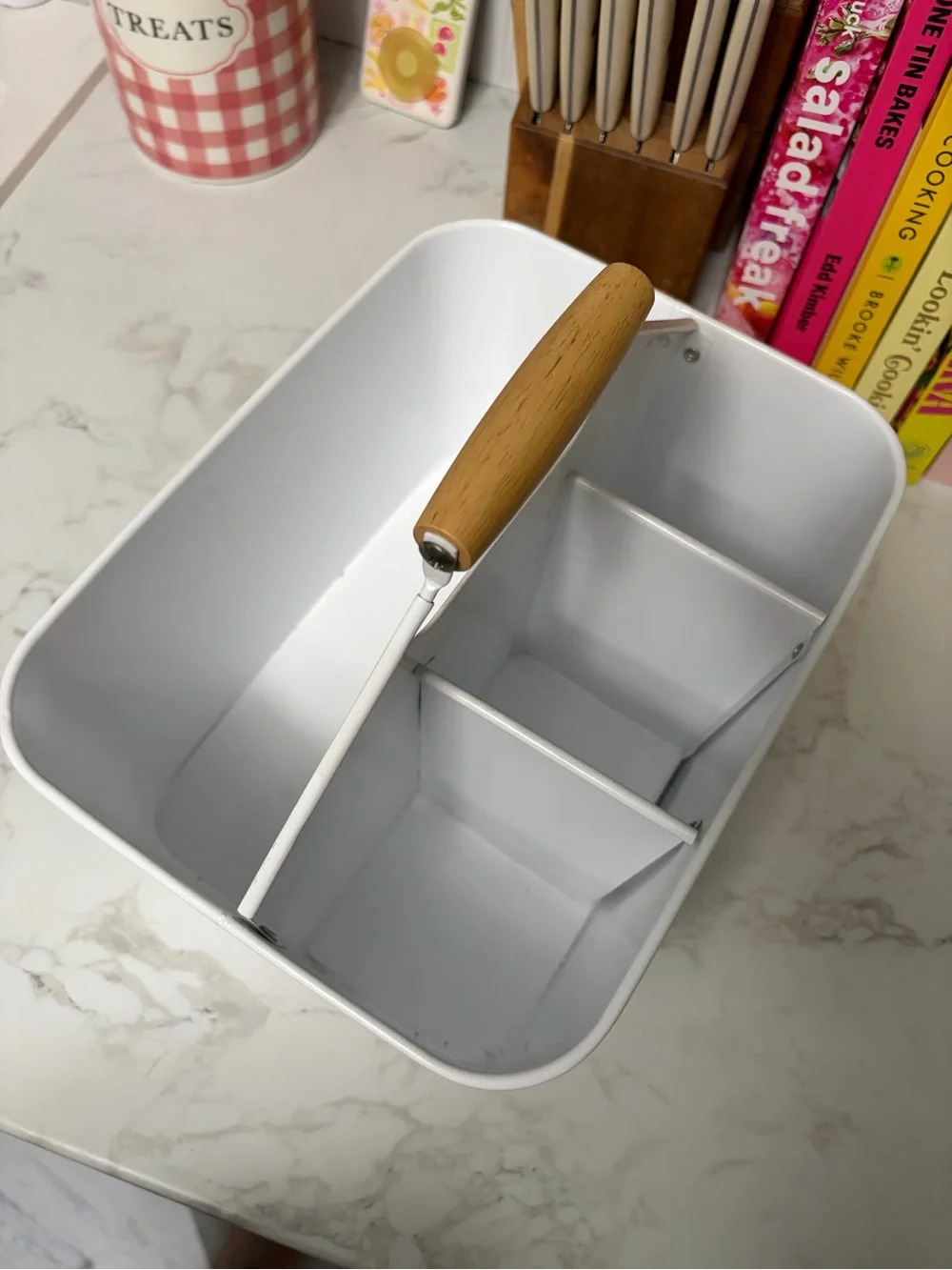 White Metal Caddy with Wood Handle